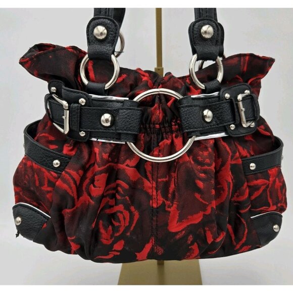 Vintage Y2K Wilsons Leather Patent Black And Red Purse Floral Shoulder Bag Roses - Picture 1 of 13